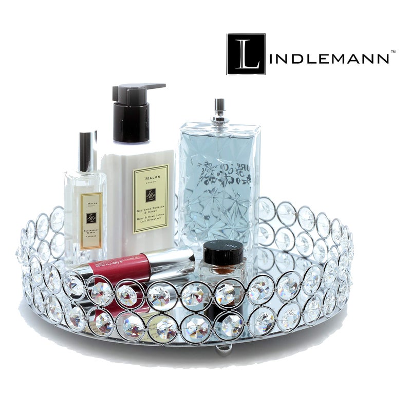 LINDLEMANN Crystal Decorative Tray Metal Mirrored Perfume Cosmetic Organizer Jewelry Trinket Display Storage Vanity Trays Home DÃ©cor Accents Luxury Gift (Round, 10in, Silver) - Image 5
